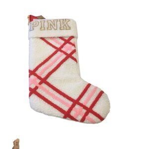 PINK Victoria's Secret Plush Holiday Lined 15" Stocking Cream Pink Striped